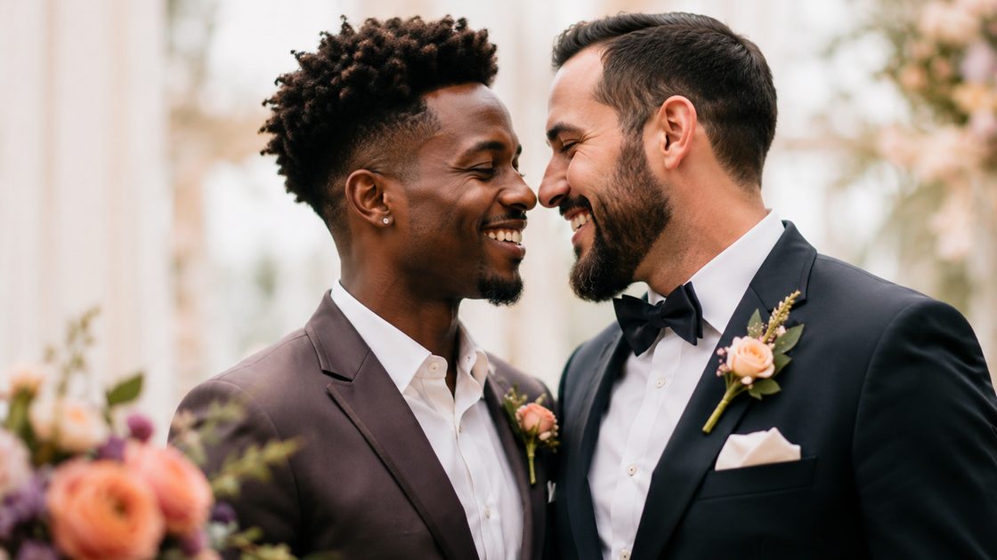 Smiling LGBTQ+ wedding couple